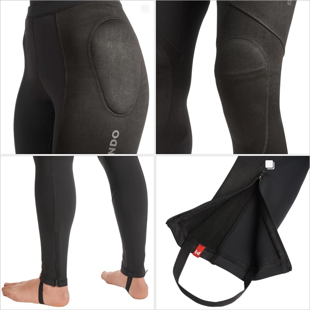 Close-up of Pando Moto Skin UH 03 armored leggings with knee and hip protection