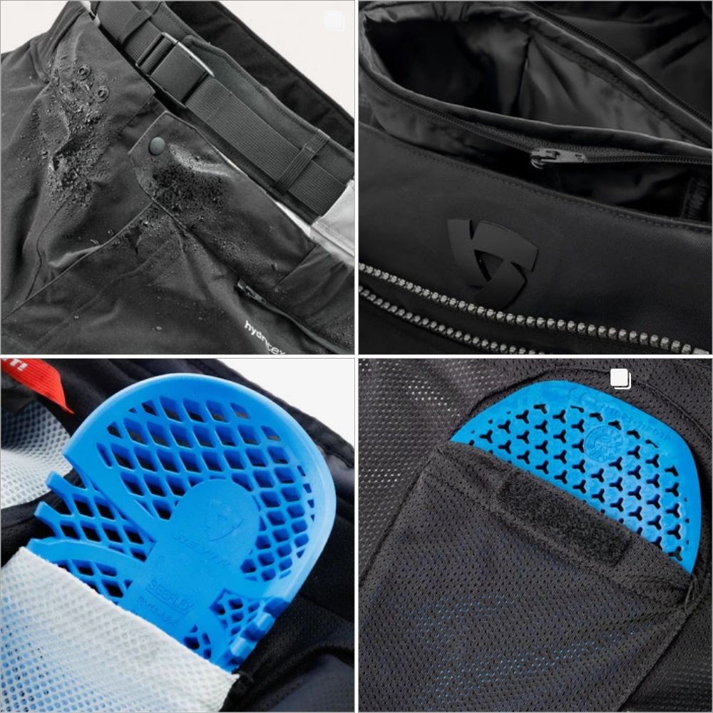 Close-up details of Rev'It! Sand 5 H2O Women’s Pants, including waterproof fabric, CE-level armor, hip protection, and thermal liner