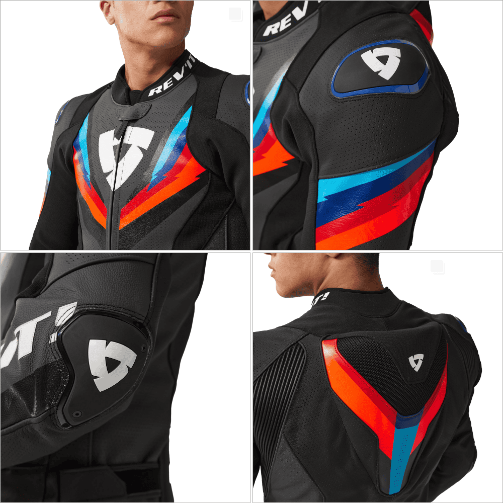 Close-up details of the REV'IT! Quantum 3 Pro motorcycle jacket with bold graphics and shoulder sliders