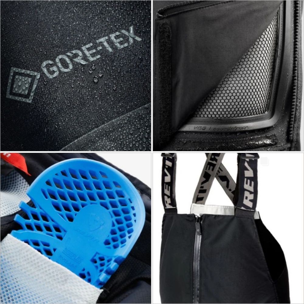 Close-up grid showing REV'IT! Dominator 3 GTX Pants features: Gore-Tex Pro shell, Aquadefence vent, SEEFLEX CE Level 2 armor, and removable bib.