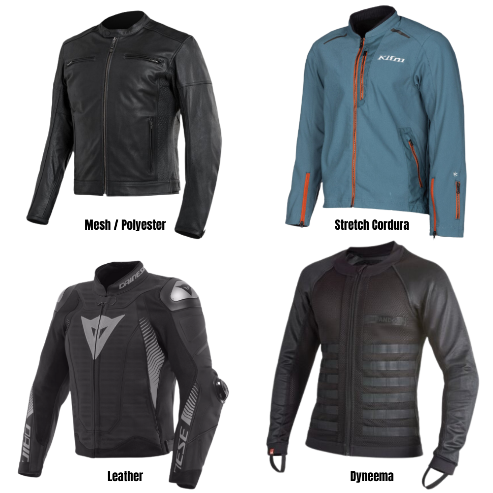 Comparison of motorcycle jackets made from mesh/polyester, stretch Cordura, leather, and Dyneema