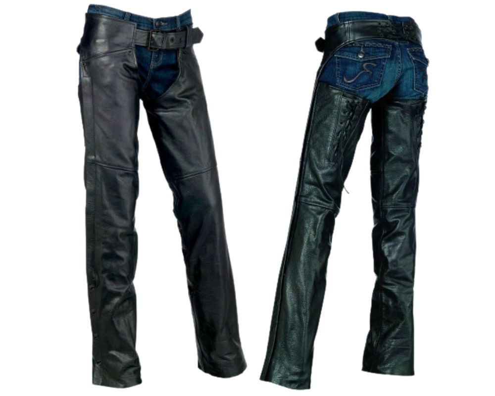 Front and back view of Z1R Sabot Leather Women’s Chaps worn over jeans, showing zippered legs and open back design.
