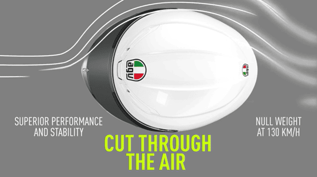 Top-down view of AGV helmet showing aerodynamic airflow and stability benefits at speed