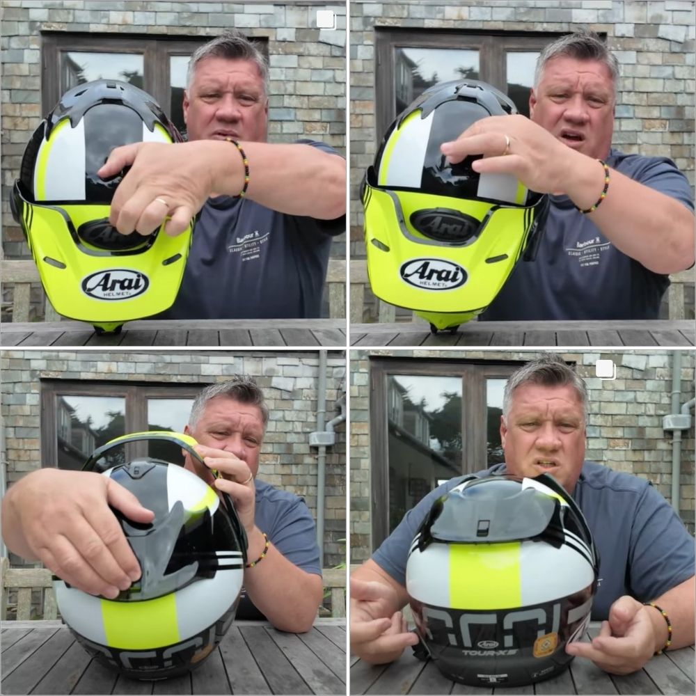 Man demonstrating the front intake and rear exhaust ventilation system on an Arai Tour X5 helmet.