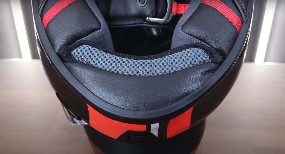 Close-up of chin skirt fitment on the HJC RPHA 1N helmet
