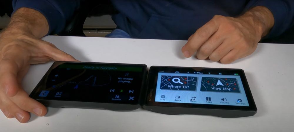 Garmin XT2 vs XT side-by-side on table, showing screen size and brightness differences
