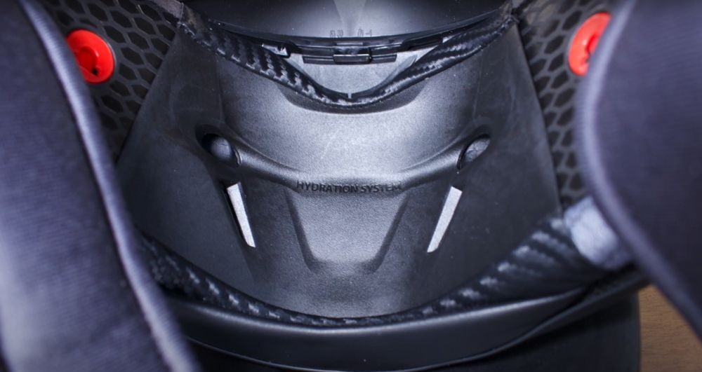 Close-up of hydration system built into the HJC RPHA 1N helmet