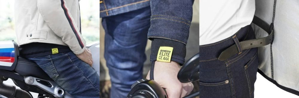 Close-up of motorcycle pants and jackets showing layering and adjustable waist details