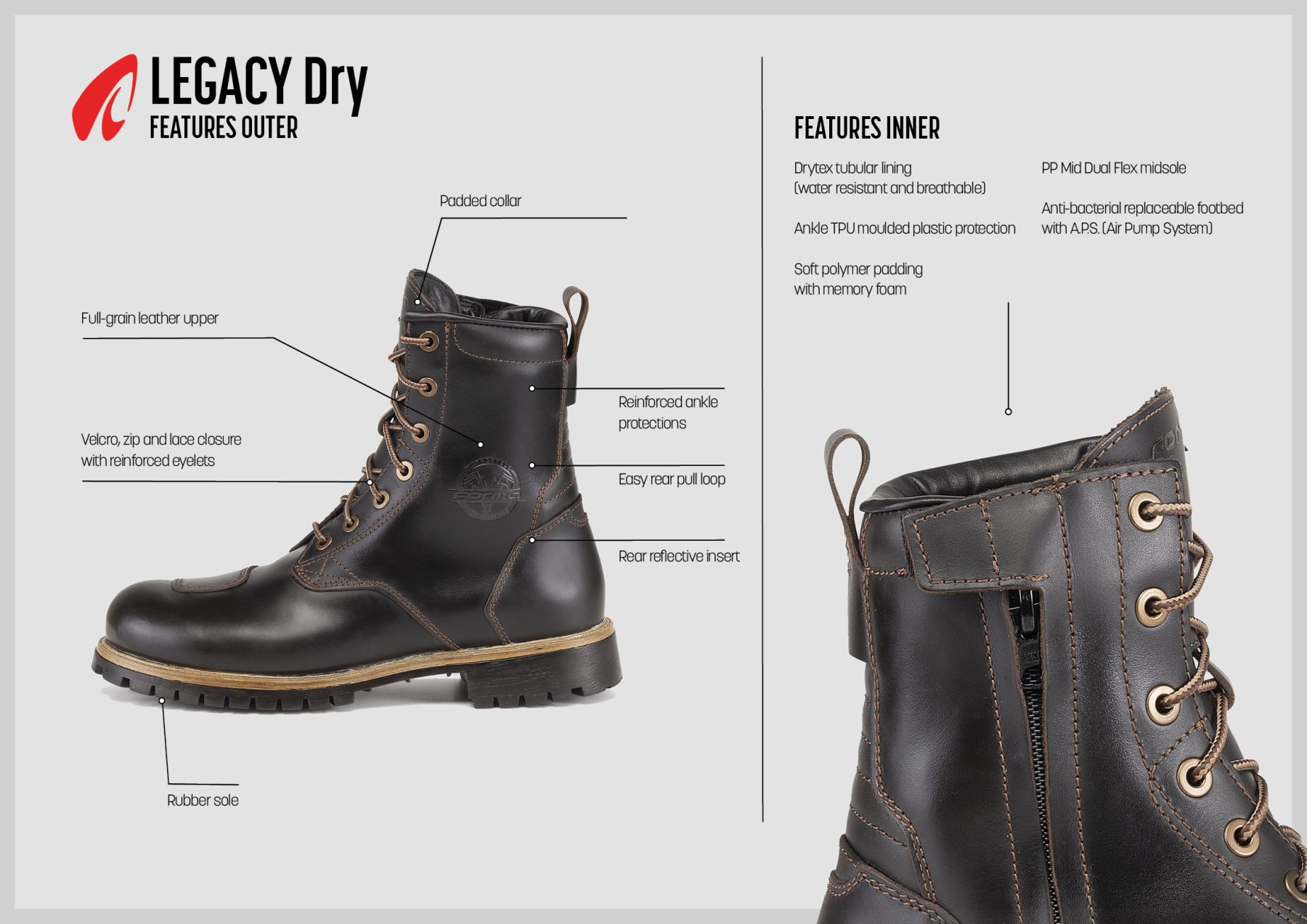 Side view of the Forma Legacy Dry motorcycle boots highlighting leather construction, reinforced ankle protection, and waterproof lining.