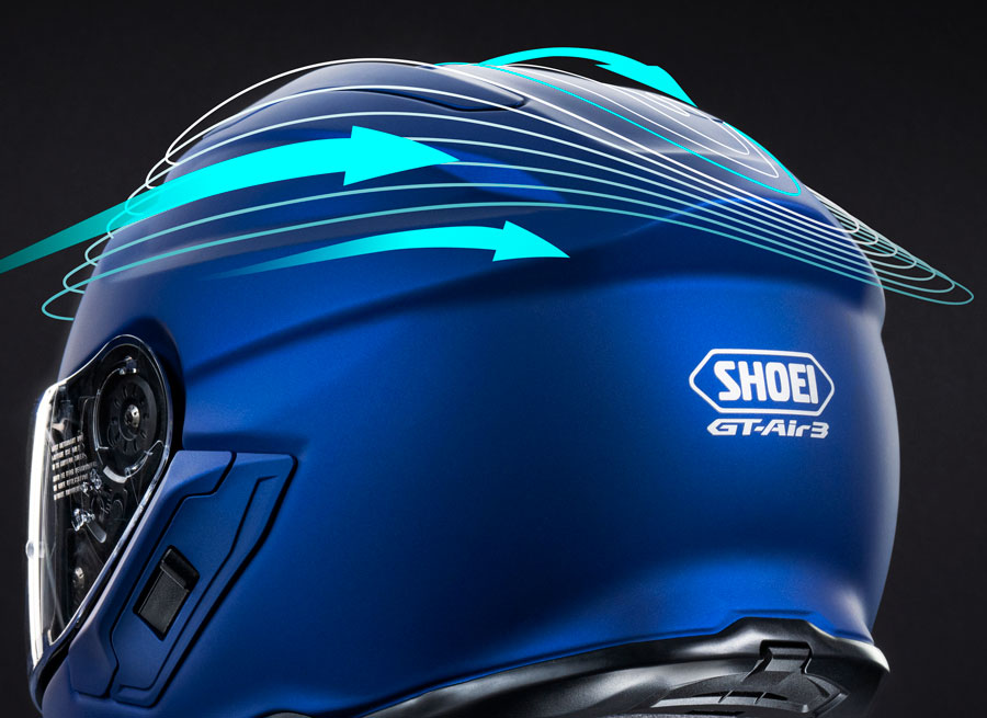 Shoei GT-Air 3 helmet showing aerodynamic rear contour with airflow lines