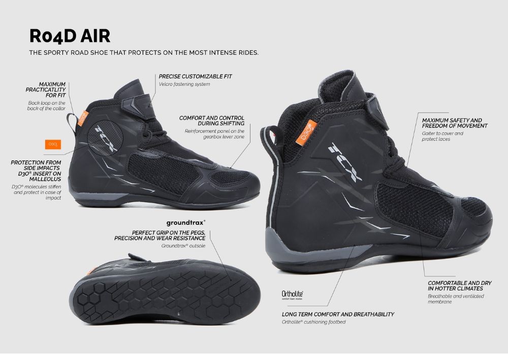 TCX R04D Air motorcycle riding shoes with labeled protection and comfort features