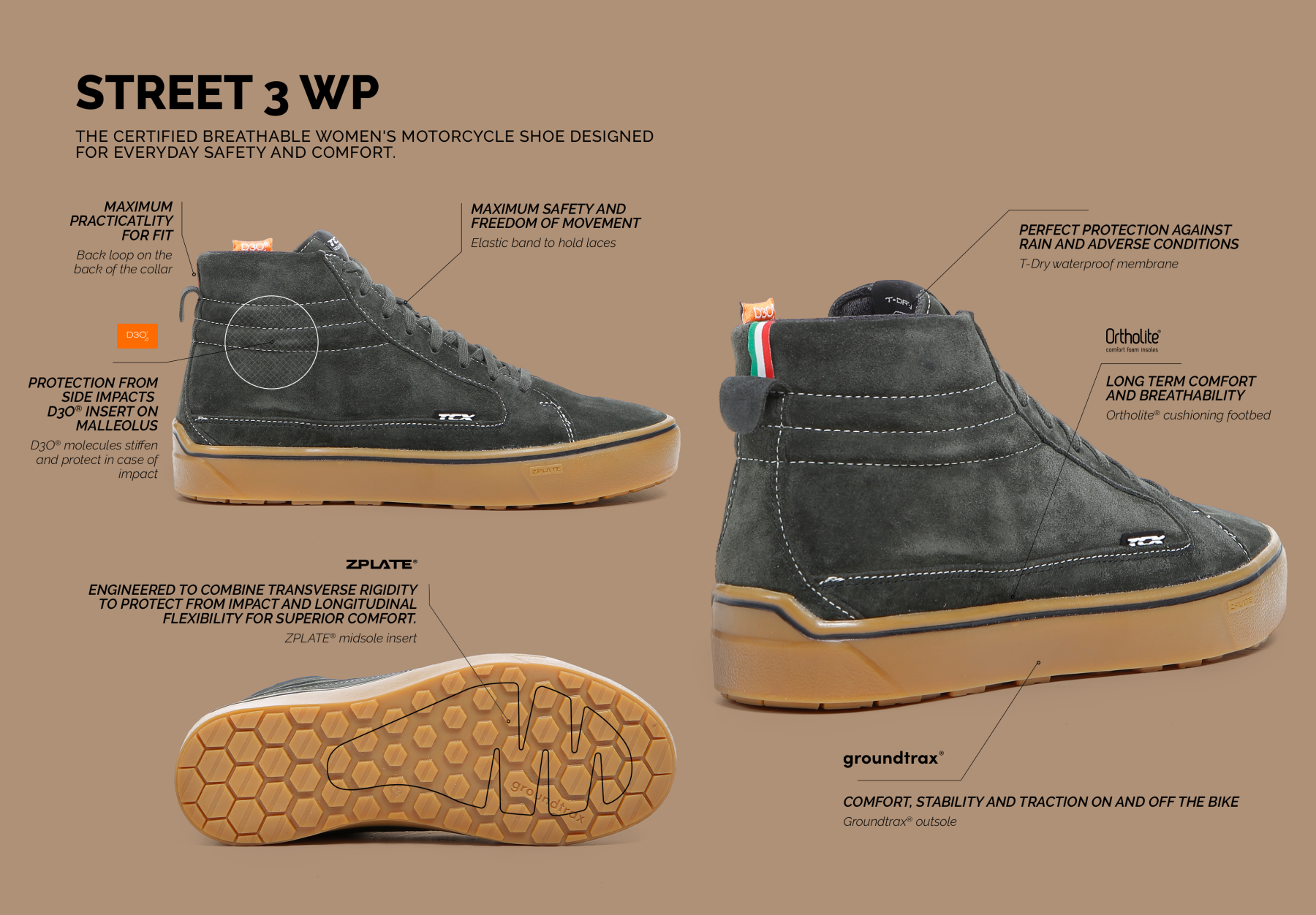TCX Street 3 WP motorcycle shoes in black with gum soles, featuring protective inserts, waterproof membrane, and comfort-focused design.