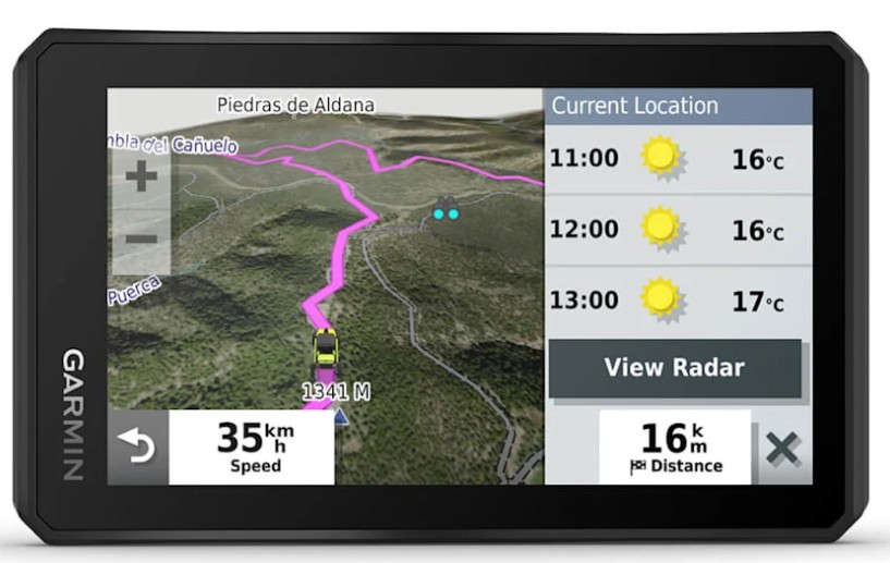 Garmin XT2 GPS displaying route, live weather forecast, and location-based radar
