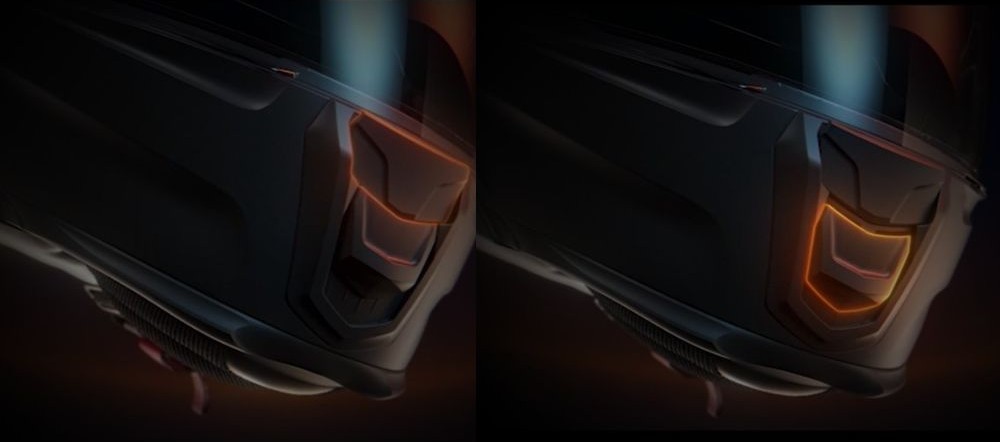 Close-up of Schuberth S3 helmet's chinbar air vents with illuminated edges
