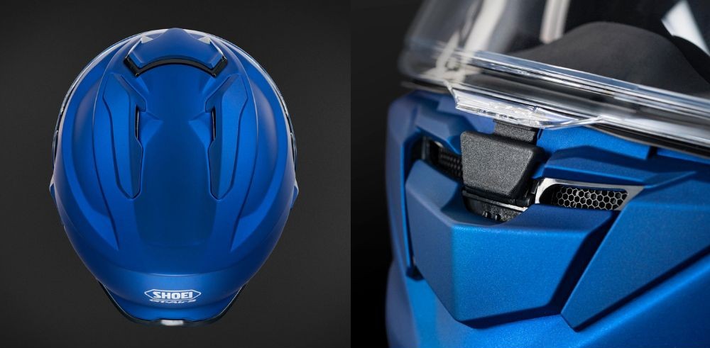 Shoei GT-Air 3 rear exhaust vents and front chin vent close-up