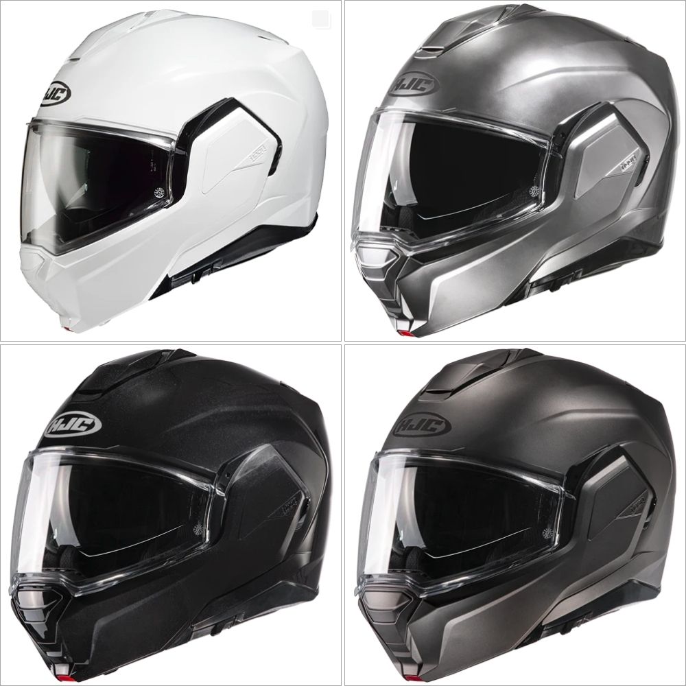 HJC i100 modular helmet in white, gray, matte black, and metallic black color options