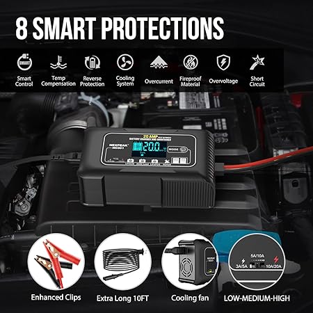NEXPEAK NC301 20A smart battery charger on a car battery with icons showing safety features and accessories.