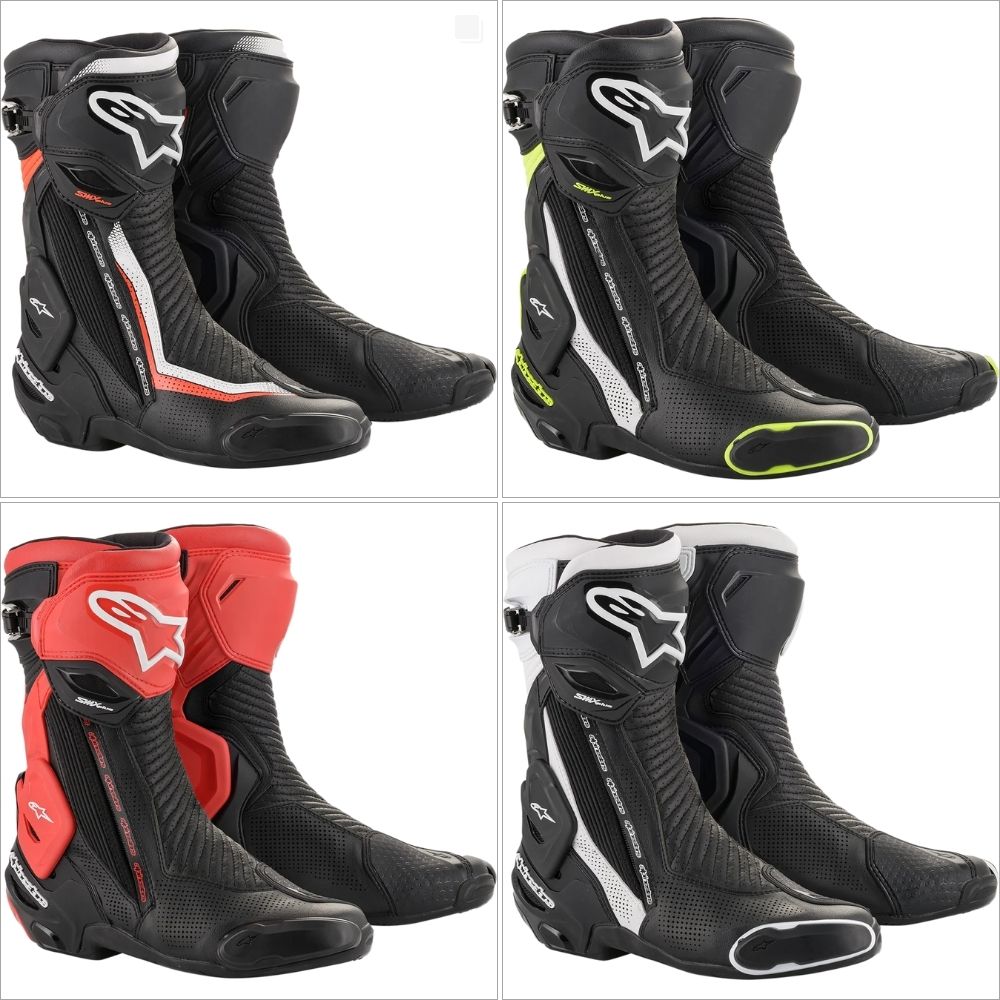Four color variants of Alpinestars SMX Plus v2 Vented Boots, showcasing perforated microfiber upper, external brace system, and aggressive sport design.