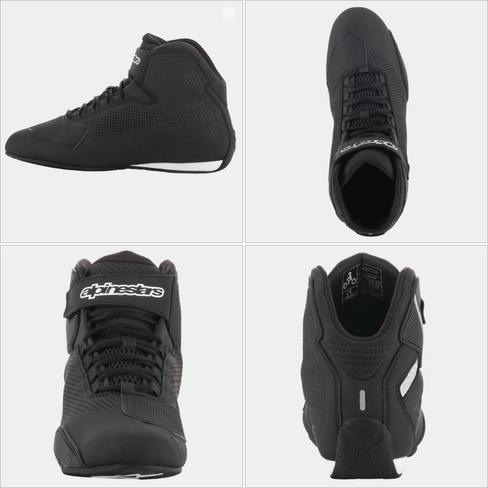 Multiple angles of Alpinestars Sektor Vented Shoes in black, highlighting the breathable microfiber upper, low-cut design, and reinforced heel and toe.