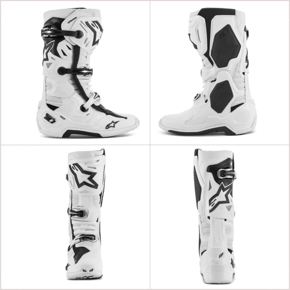 Multi-angle views of the Alpinestars Tech 10 Supervented motocross boots in white, highlighting airflow ports and premium construction.