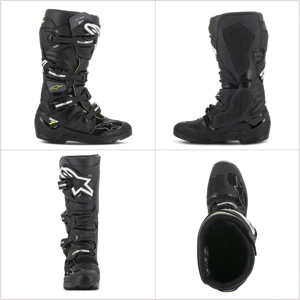 Multiple angles of the Alpinestars Tech 7 Enduro Drystar Boots showing rugged sole, waterproof chassis, and reinforced protection features.