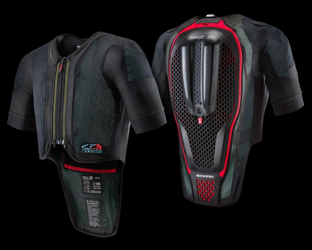 Front and rear views of the Alpinestars Tech-Air 7x Airbag System, showing its sleek, ventilated chassis and integrated back protection.