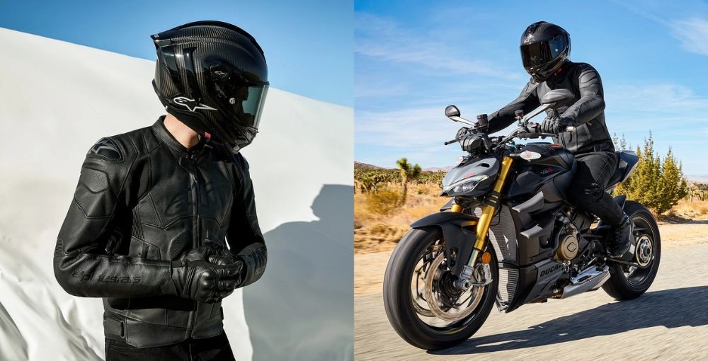 Motorcyclists wearing full Alpinestars gear, including leather suits and helmets, on and off the bike