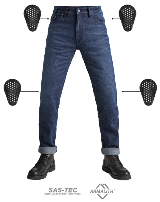 Front view of Pando Moto Arnie Slim jeans with SAS-TEC armor pads positioned at knees and hips, made from Armalith denim