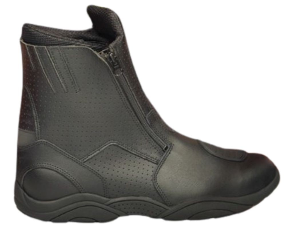 Side view of a black perforated motorcycle boot with ankle coverage, showing airflow perforations across the upper and instep panels.