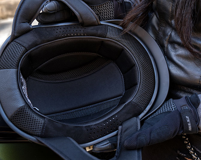 Interior view of the Sena Cavalry 2 half helmet showing premium liner and build quality