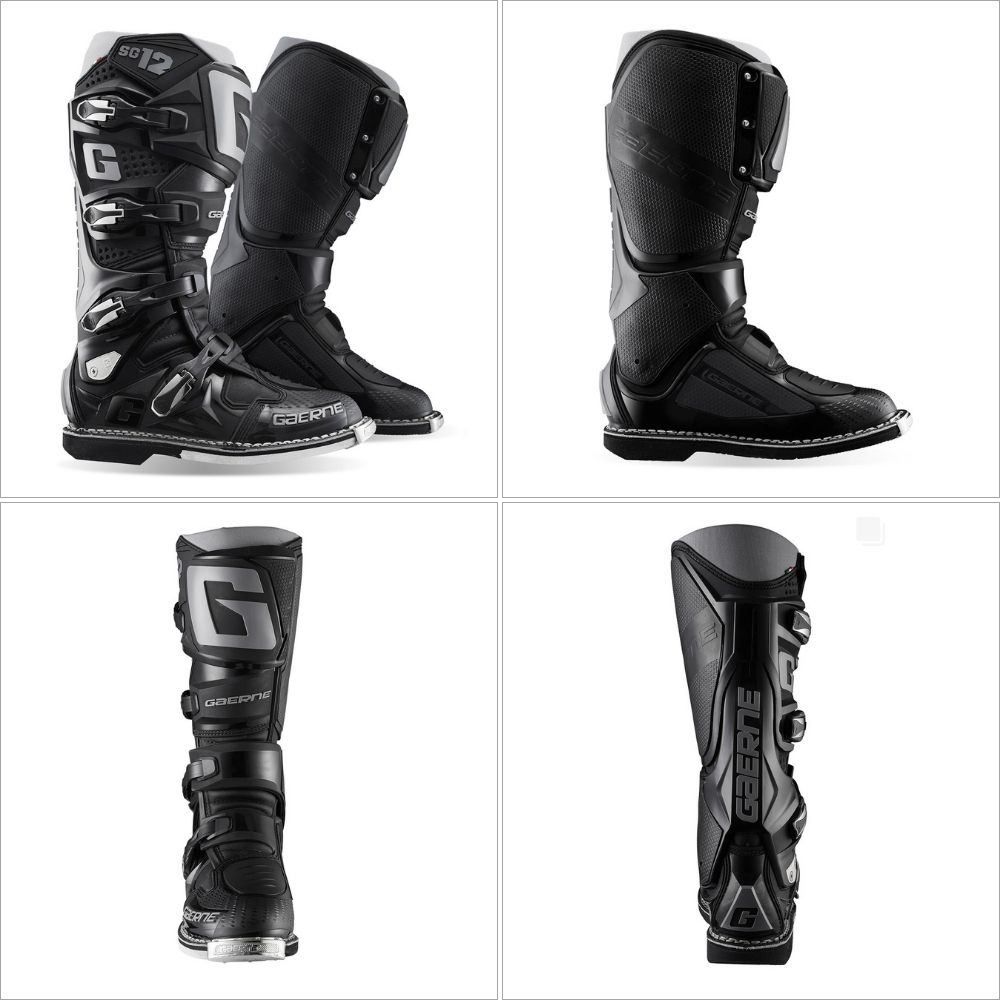 Multi-angle view of Gaerne SG-12 motocross boots showing premium construction, buckles, and dual-stage ankle pivot system.