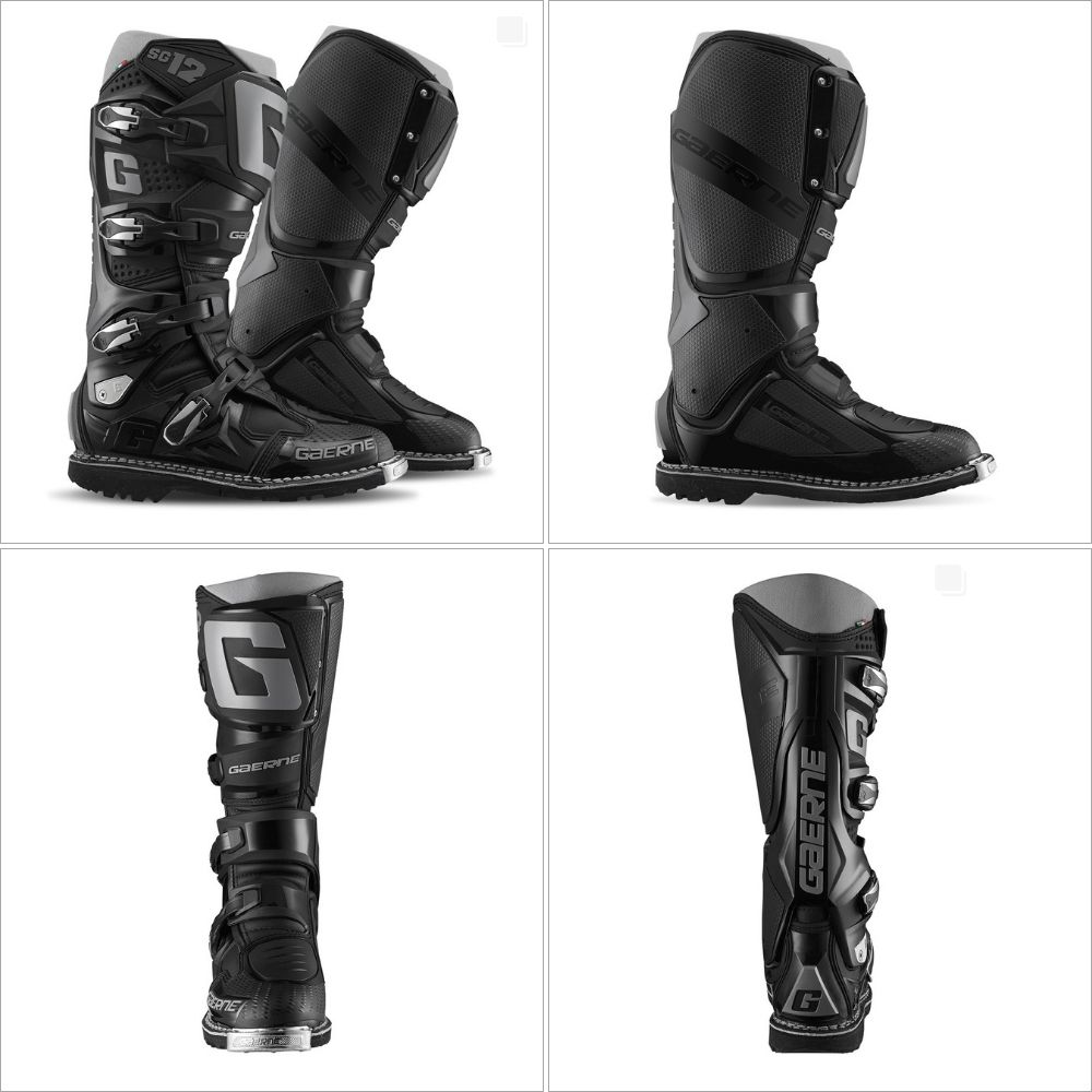 Multi-angle view of Gaerne SG-12 Enduro boots in black, showing aggressive tread sole, dual-stage pivot, and reinforced chassis design.
