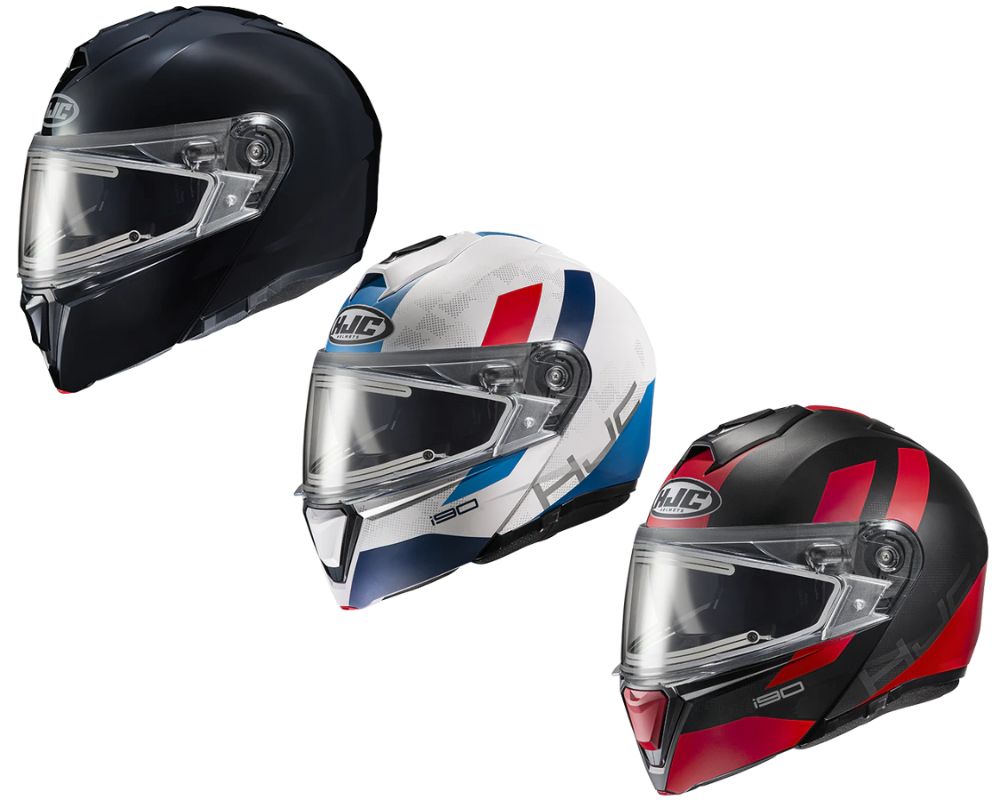Three HJC i90 modular helmets in different colorways