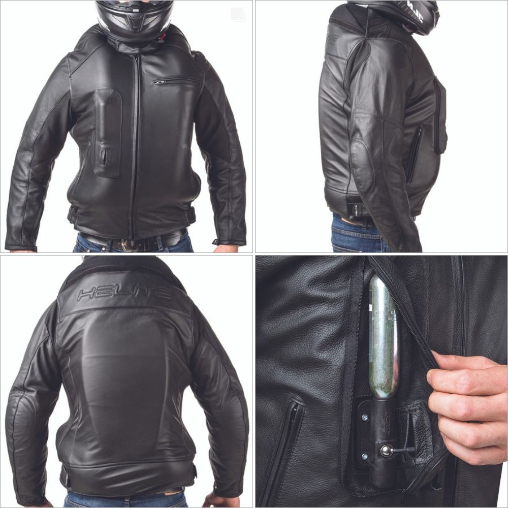 Helite Leather Airbag Jacket with integrated CO₂ cartridge and full-body protection system, shown in front, back, side, and detail view.