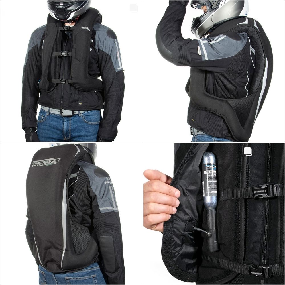 Helite Turtle 2 Airbag Vest shown from multiple angles including CO₂ cartridge and back protection.