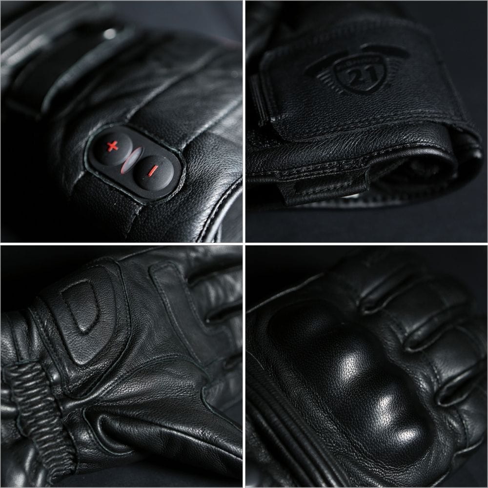 Close-up shots of black heated motorcycle gloves highlighting control buttons, knuckle protectors, and reinforced palms.