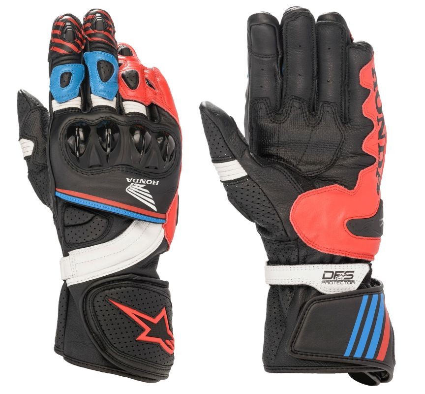 Alpinestars Honda GP Plus R V2 full-gauntlet sport motorcycle gloves with Honda branding