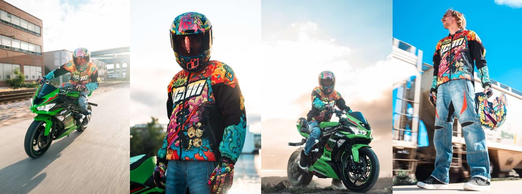 Motorcyclist in vibrant Icon Motosports gear riding and posing with a green Kawasaki Ninja