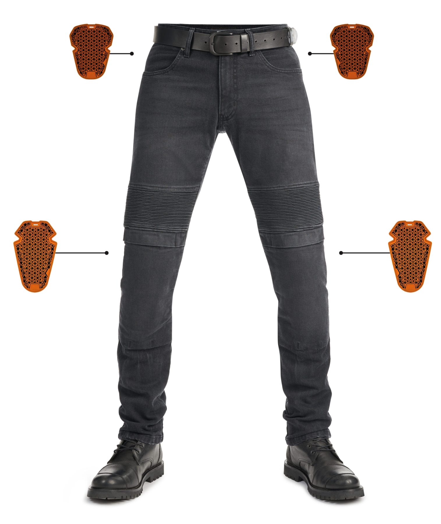 Front view of Pando Moto Karl Devil AAA motorcycle jeans with knee and hip armor inserts displayed