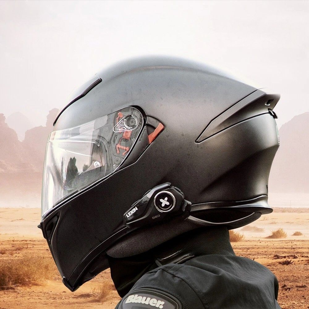 Side view of helmet with LEXIN G2P Bluetooth headset and built-in LED safety light