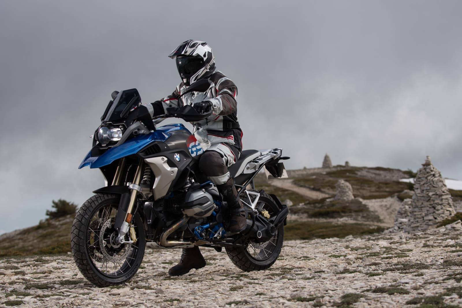 Adventure motorcycle with Michelin Anakee Adventure tires riding on rocky terrain