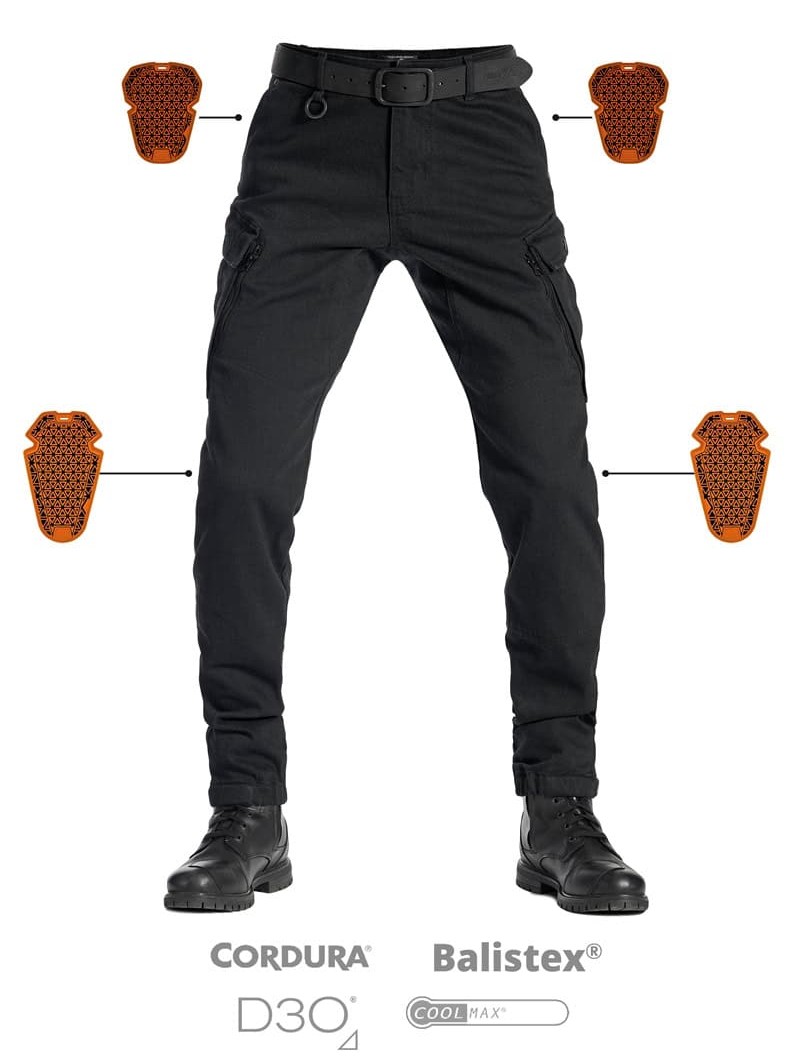 Front view of Pando Moto Mark AAA cargo riding jeans with visible D3O armor placement and logos for Cordura, Balistex, and Coolmax