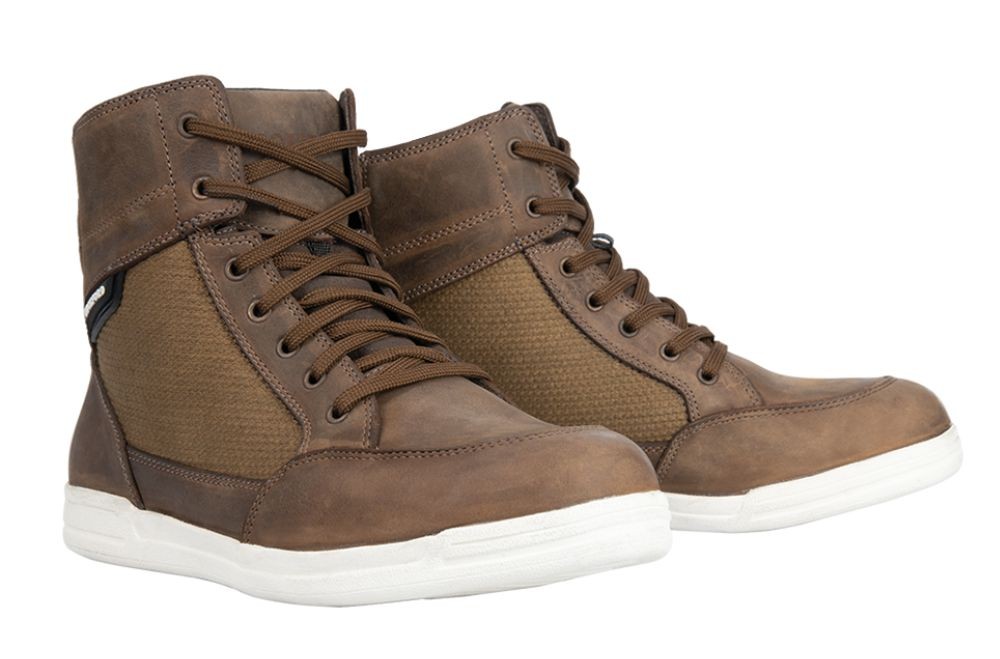 Pair of Oxford Kickback Air Boots in brown, showing casual hi-top design with suede and textile upper, white sole, and reinforced structure.