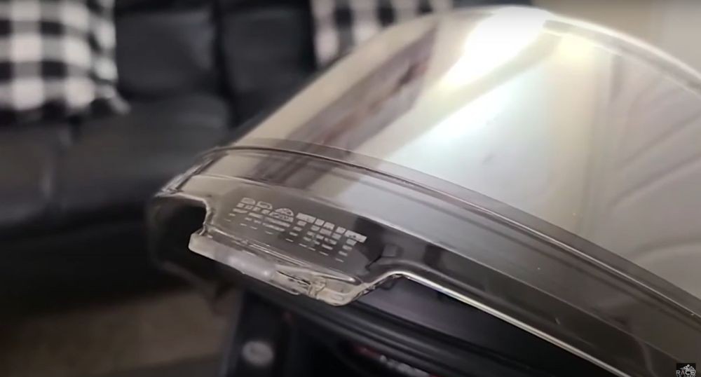 Close-up of Bell helmet visor with ProTint photochromic label