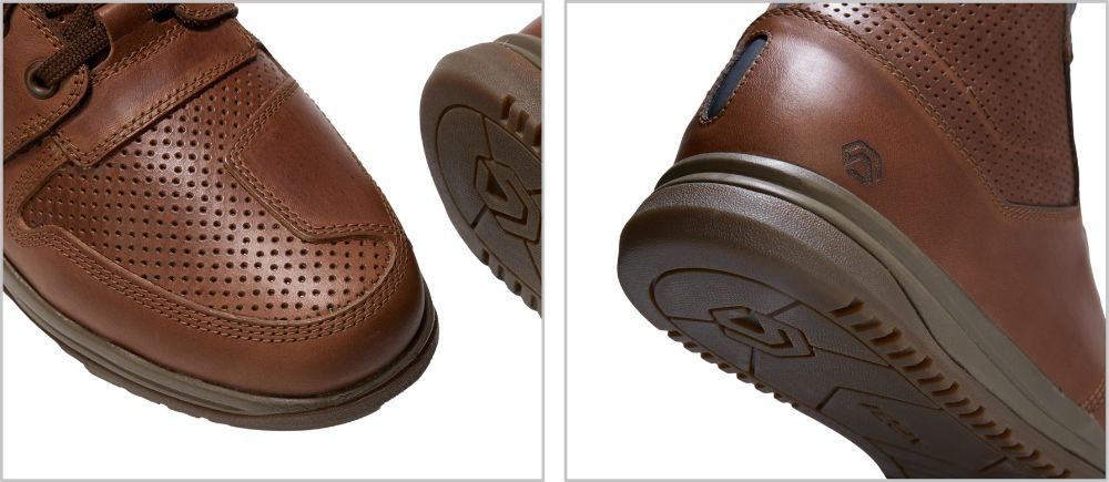 Close-up of perforated brown leather REAX Fulton Air Vintage Riding Shoes showing toe box, sole, and heel protection details.