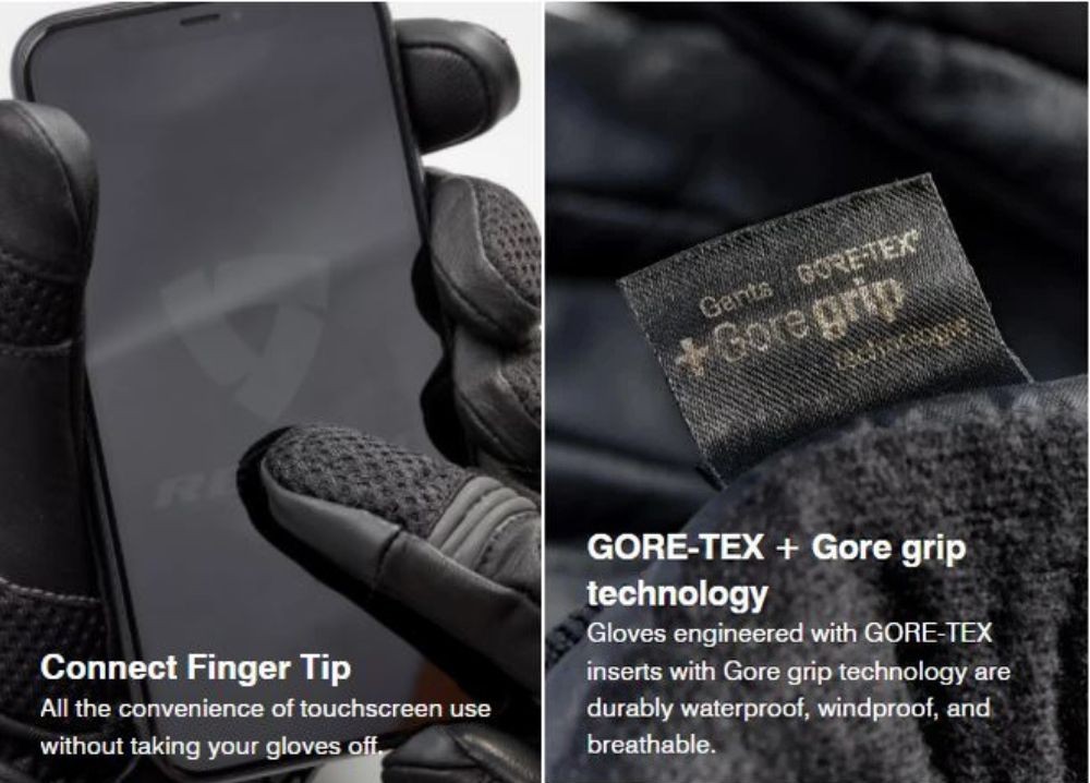 REV'IT! Livengood 2 GTX Gloves showing touchscreen fingertip use and Gore-Tex Gore Grip label