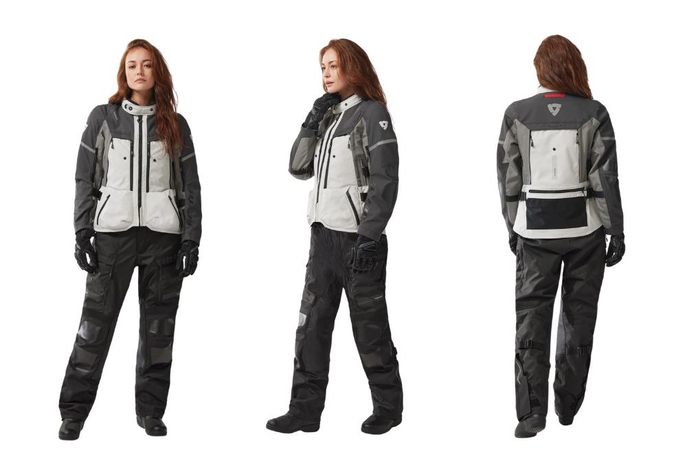 Front, side, and back view of a woman wearing the REV'IT! Sand 5 H2O Women’s Jacket and pants