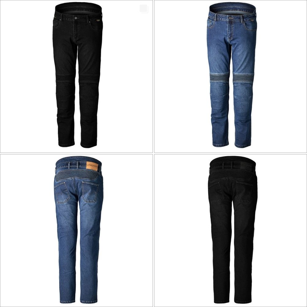 Front and back views of RST Moto Tech Pro CE Jeans in black and blue, showing their protective riding jean design