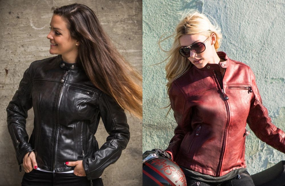 Two women wearing the Roland Sands Maven CE Women’s Leather Jacket in black and red, showcasing its stylish, form-fitting design.