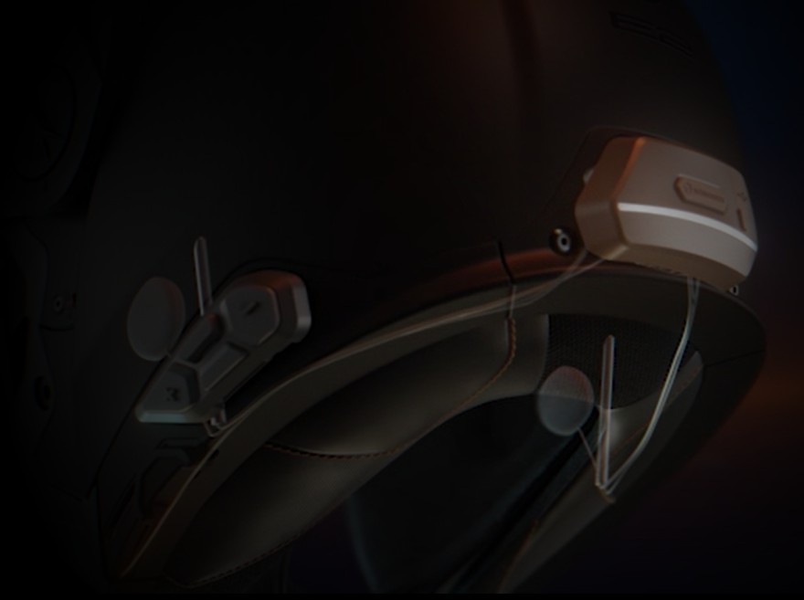 Close-up of Schuberth E2 helmet with integrated SC2 communication system